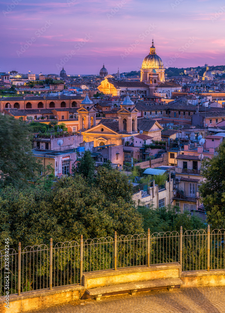Panorama at evening from the Pincio Terrace in Rome, Italy.