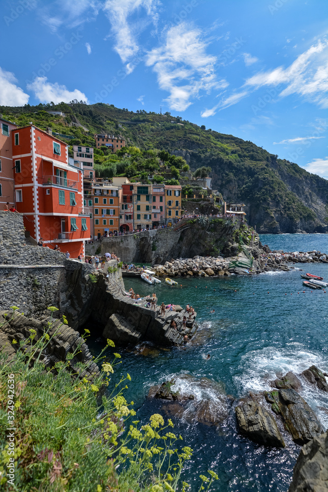 View on Riomaggiore  and the sea and cliffs at the Cinque Terre