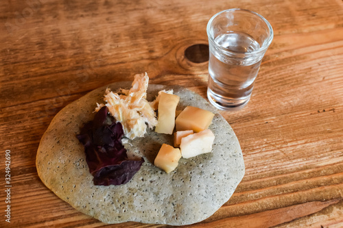 Shark fish set with vodka traditional in Iceland food