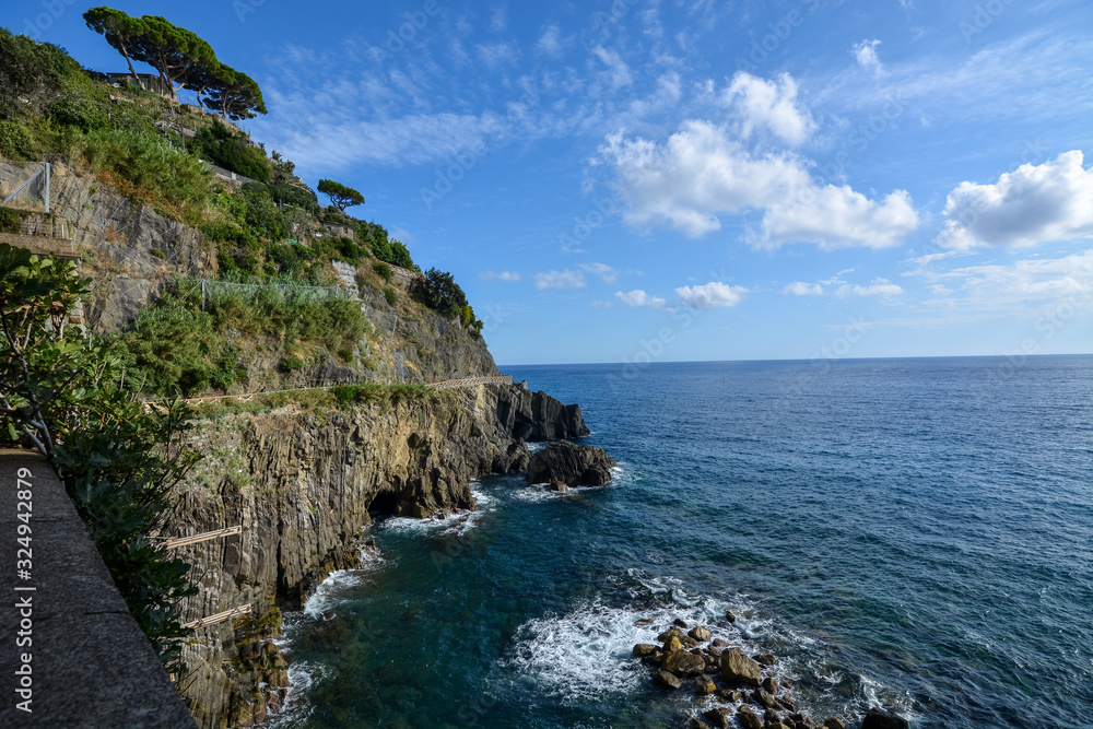 View on the sea and cliffs from the train station at Riomaggiore at Cinque Terre