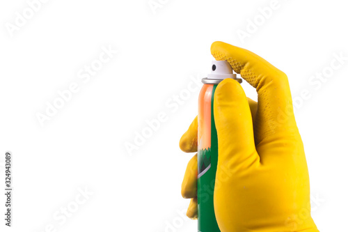 Wallpaper Mural A hand in a yellow latex glove holds a spray can. Insecticide to kill insects. Torontodigital.ca