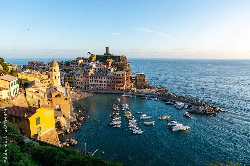 View of Vernazza and the ocean during sunset at Cinque Terre