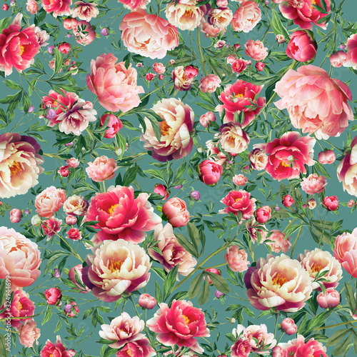 Pink and green floral pattern on a white background, seamless