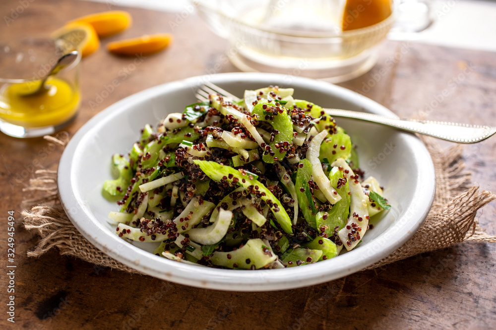 Close up of black quinoa, fennel and celery salad served on plate Close up of black quinoa, fennel and celery salad served on plate