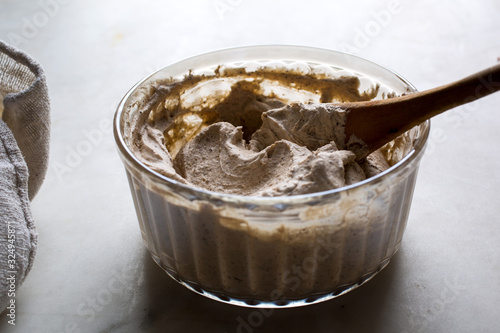 Tilt shift view of espresso cinnamon mascarpone cream photo