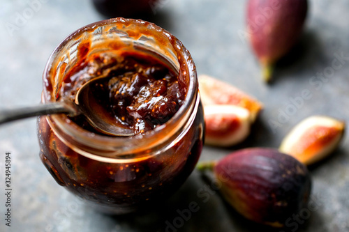 Directly above view of fig jam in jar photo