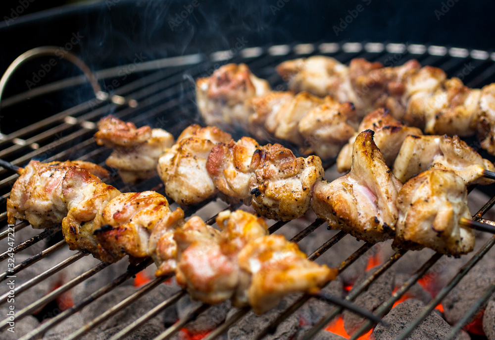 Close up view of barbecued chicken skewers Close up view of barbecued chicken skewers