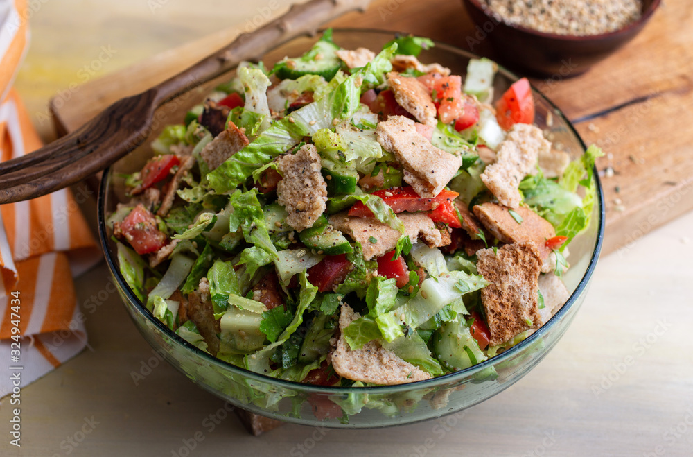 Close up view of romaine salad with Fattoush Close up view of romaine salad with Fattoush