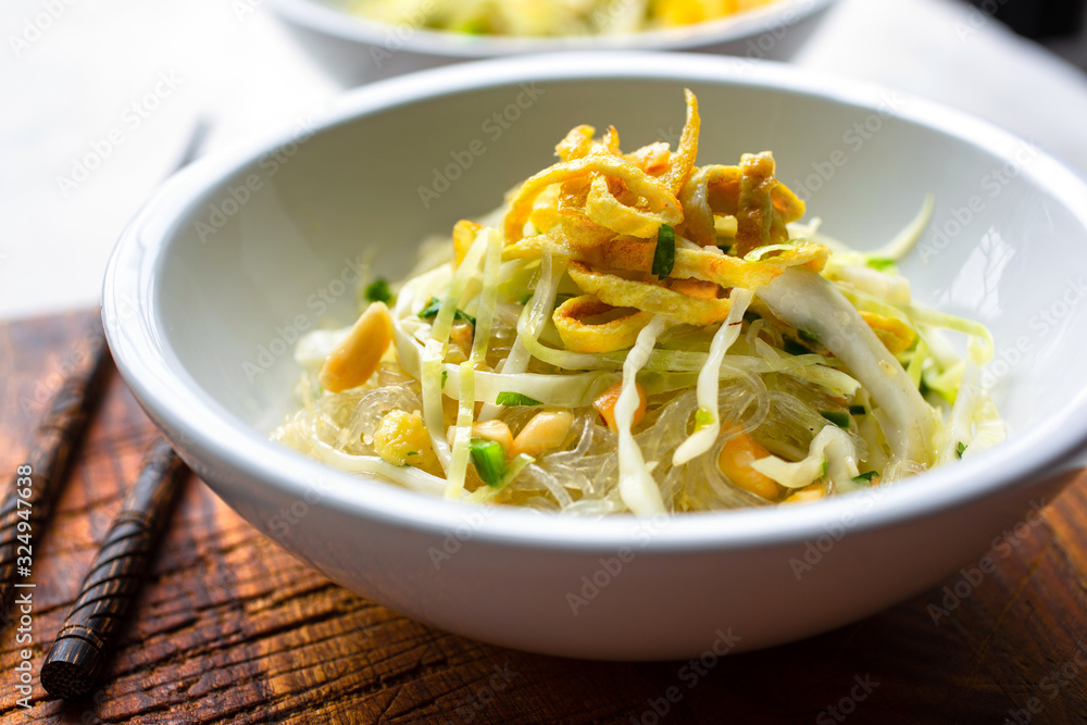 Selective focus of cellophane noodles served in bowl Selective focus of cellophane noodles served in bowl