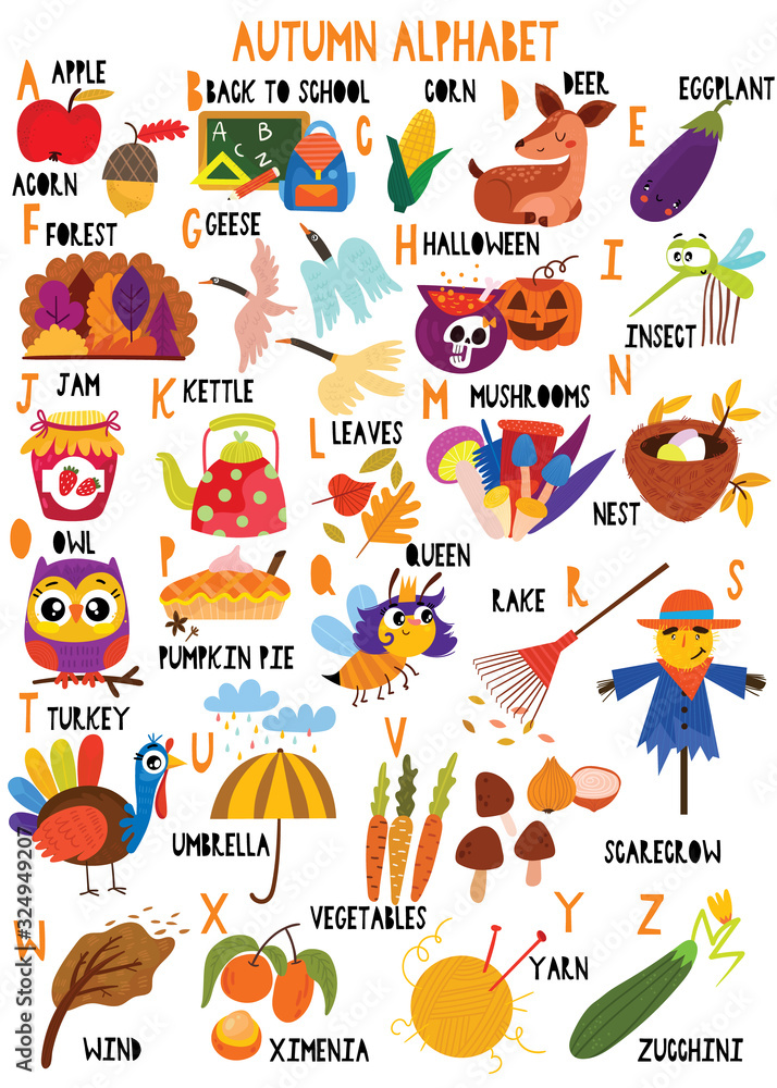 Stylish autumn alphabet in vector. Lovely animals and items. Best abc-poster in a colorful style for children education and language study. Stylish autumn alphabet in vector. Lovely animals and items. Best abc-poster in a colorful style for children education and language study.