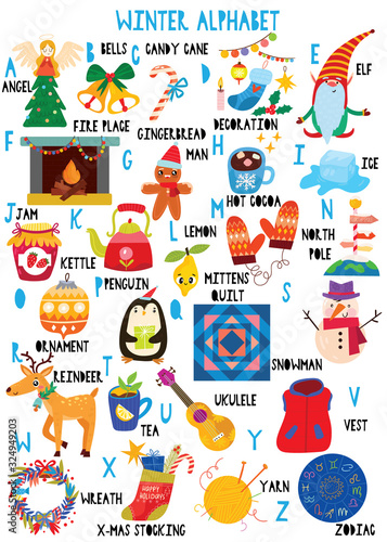 Stylish winter alphabet in vector. Lovely animals and items. Best abc-poster in a colorful style for children education and language study.
