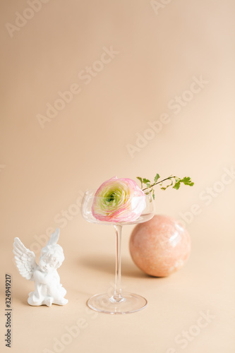 Pink peony flower in coupe champagne glass, tan background, studio shot