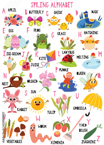 Stylish spring alphabet in vector. Lovely animals and items. Best abc-poster in a colorful style for children education and language study.