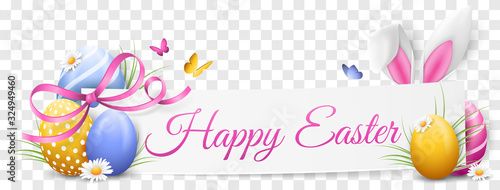 Happy easter paper banner with easter eggs, easter bunny ears and flowers transparent background isolated