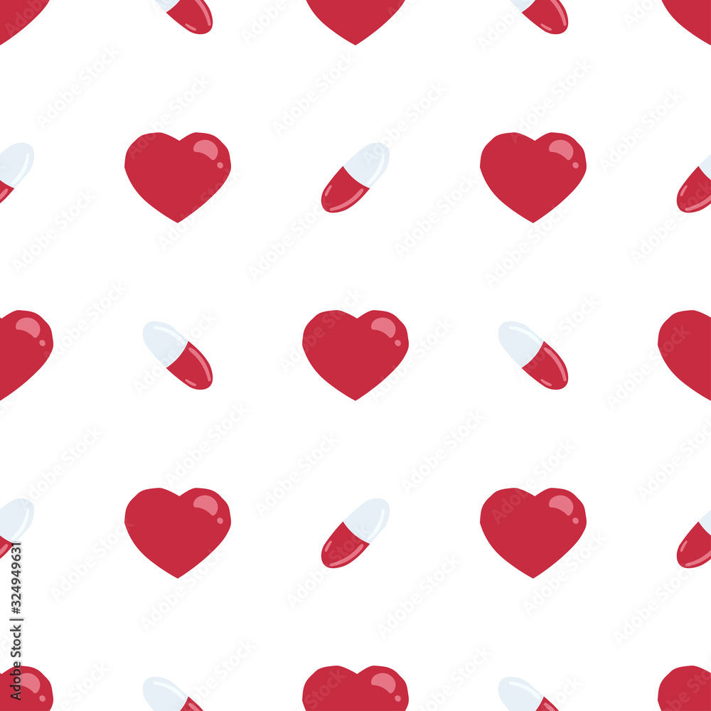 Red pills and hearts simple shapes seamless vector pattern on white background.