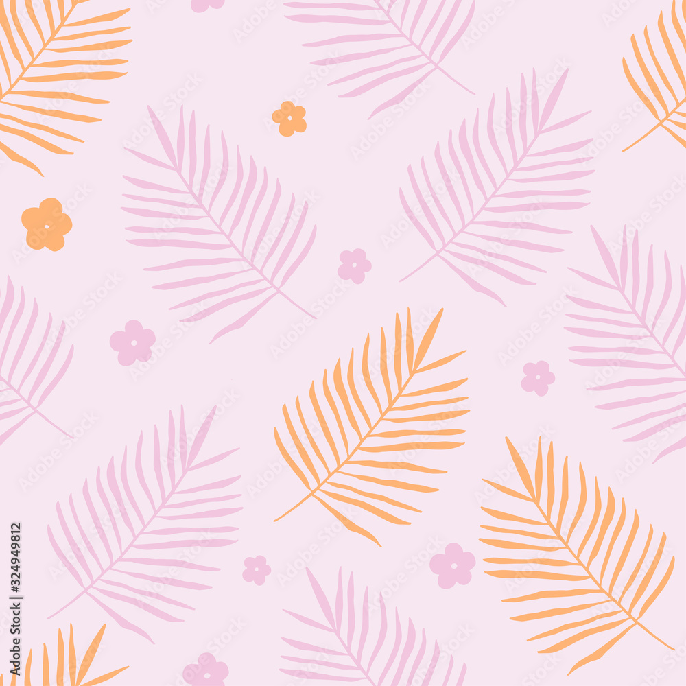 Fototapeta premium Vector seamless pattern of hand drawn palm leaves and frangipani flowers in pastel shades of pink and orange colors.
