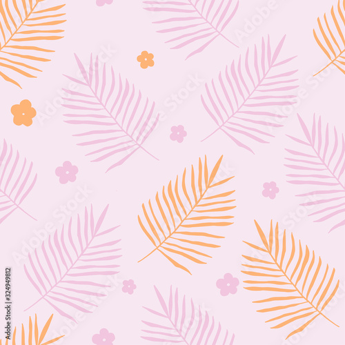Vector seamless pattern of hand drawn palm leaves and frangipani flowers in pastel shades of pink and orange colors.