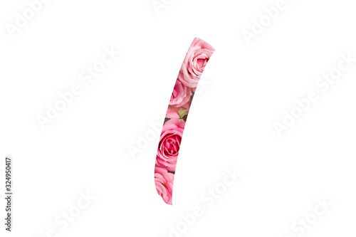 The letter I of the English alphabet is cut out of pink roses on a white isolated background.Floral pattern, texture.Bright alphabet for stores, sales, websites, postcards and holiday greetings.