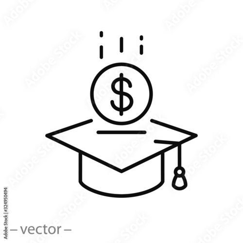 Tuition fee or scholarship icon, loan on education, value academy grad, money with graduate hat, thin line web symbol on white background - editable stroke vector illustration eps10 photo