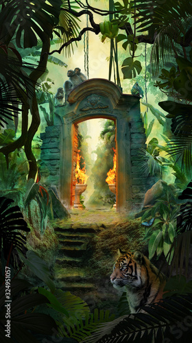 Fototapeta Naklejka Na Ścianę i Meble -  Beautiful dreamy tropical landscape with ancient gate, jungle with tiger, snake and monkeys