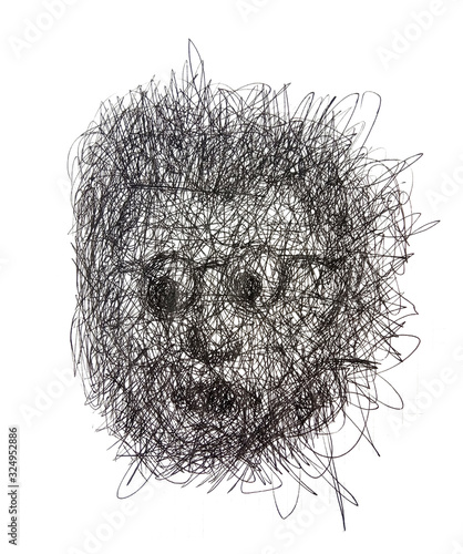Cartoon drawing, man's face from chaotic lines. Pixel graphics.