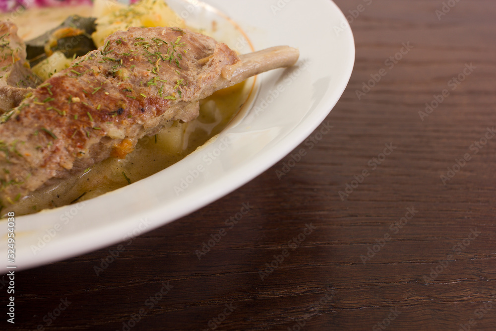 Appetizing boiled potatoes with dill and meat in a plate Appetizing boiled potatoes with dill and meat in a plate