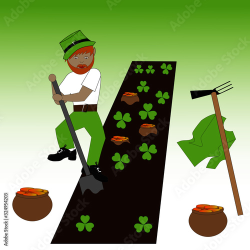 Leprechaun at work. He's burying pots of gold coins into the earth. Can be greeting card for St. Patrick's day.