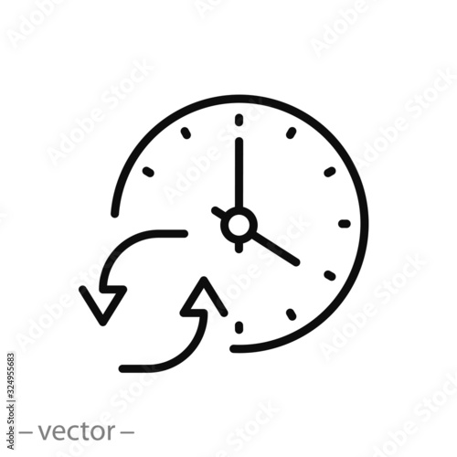 change or update date icon, forward or back time on clock, reverse time, thin line web symbol on white background - editable stroke vector illustration eps10