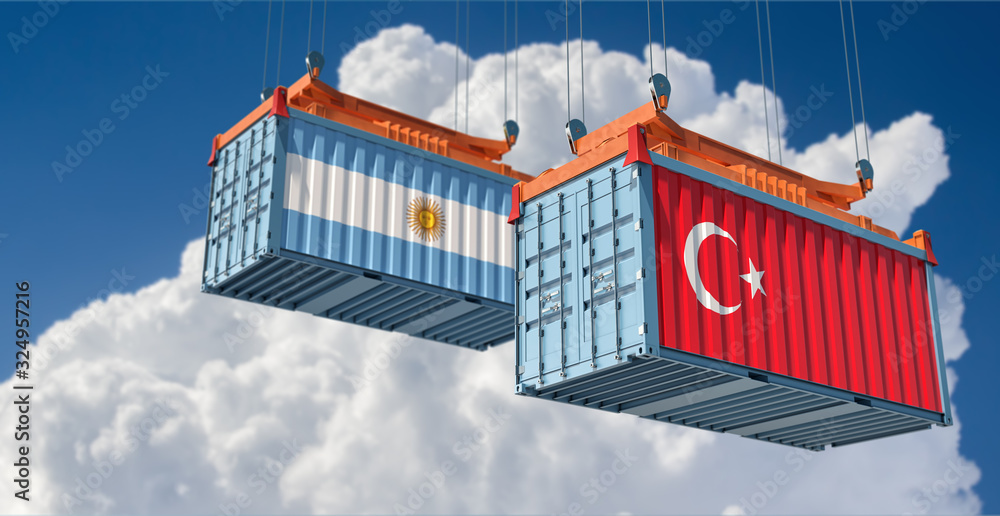 Freight container with Argentina and Turkey flag. 3D Rendering