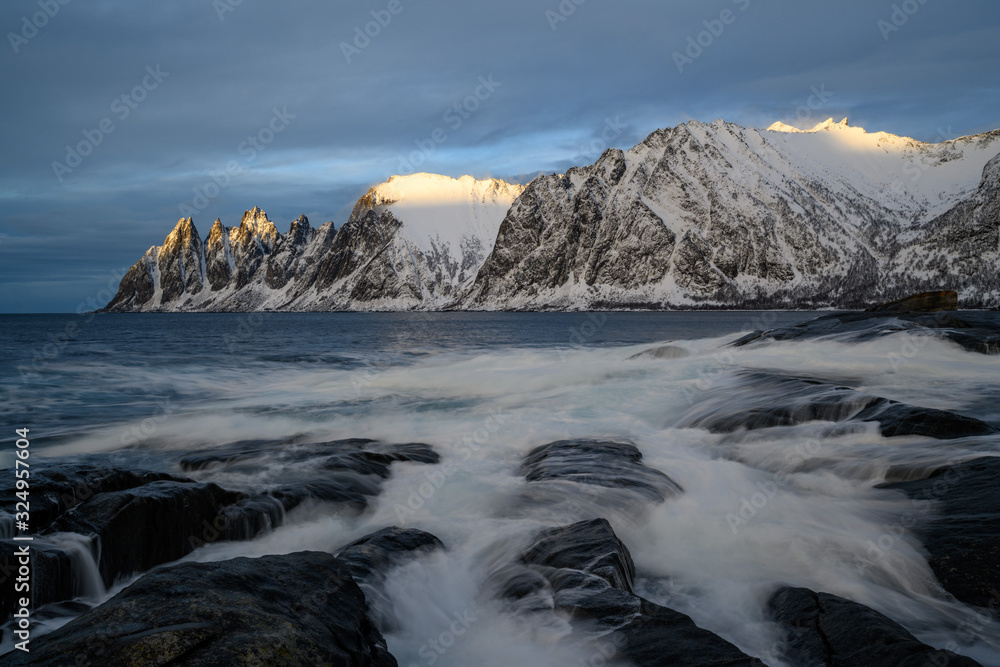 Devil's teeth in Steinfjord fjord and mountain in Northern Norway