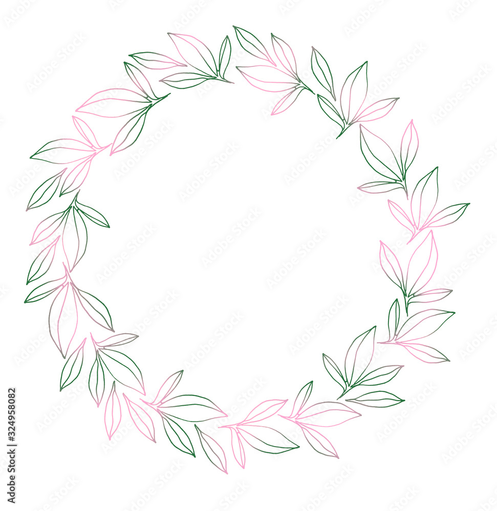 Green-pink leaves wreath. Natural illustration. Template for your photo, congratulations, invitations.