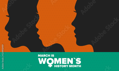 Women's History Month. Celebrated annual in March, to mark women’s contribution to history. Female symbol. Women's rights. Girl power in world. Poster, postcard, banner. Vector illustration