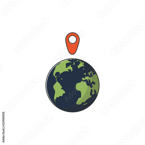 Globe icon with marker. Earth and red pin. Flat graphic illustration for templates, web sites, infographics and printed materials.