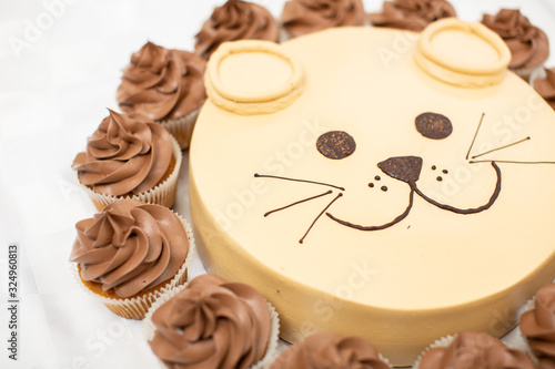 Lion cake with cupcake mane idea for kid birthday 
