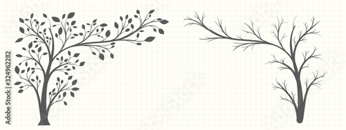 Silhouette of a tree in a gray tone in two versions on a notebook page in vintage style
