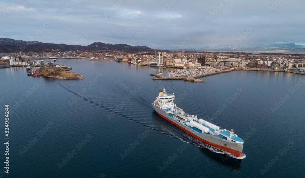 A tanker 147 meter long LNG-driven chemical tanker, here on its way from the port in Bodø.