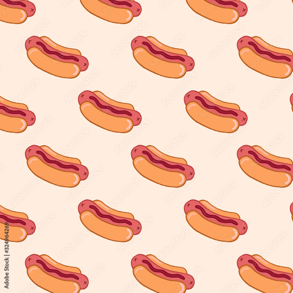Hot dog pattern. Vector ornament with hot dogs. Color illustration in cartoon style. Hot dog pattern. Vector ornament with hot dogs. Color illustration in cartoon style.