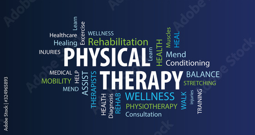 Physical Therapy Word Cloud on a Blue Background