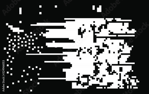 Set of white noise textures, glitch pattern. Collection of 1-bit pixel art elements for design.