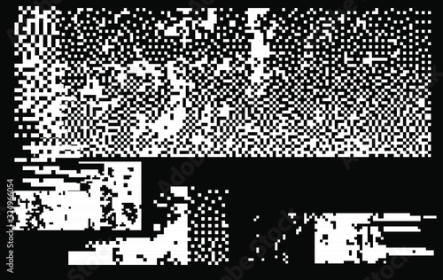 Set of white noise textures, glitch pattern. Collection of 1-bit pixel art elements for design.