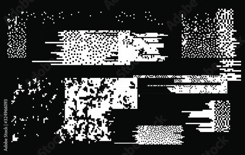 Set of white noise textures, glitch pattern. Collection of 1-bit pixel art elements for design.