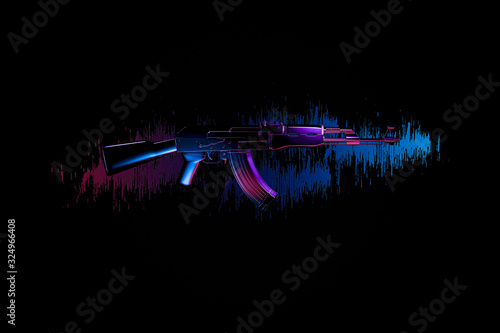 Ak47 assault riffle gun art. Colorful lights highlight the riffle against a black background photo