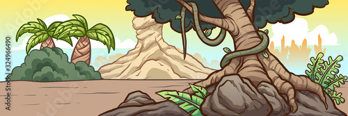 Prehistoric forest afternoon background landscape illustration. Vector clip art cartoon with simple gradients. Some elements on separate layers.