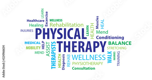 Physical Therapy Word Cloud on a Blue Background