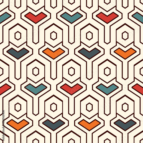 Ethnic seamless surface pattern. Repeated interlocking geometric figures. Tribal wallpaper. Native americans ornamental abstract background. Geo digital paper, textile print. Vector art