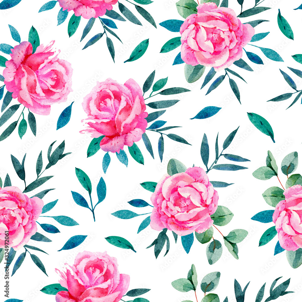 Seamless pattern with watercolor pink roses and green leaves. Surface design for fabric, wedding decoration and cosmetic brands. Hand drawn botanical illustration on white background