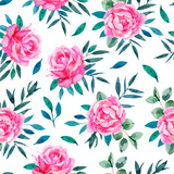 Seamless pattern with watercolor pink roses and green leaves. Surface design for fabric, wedding decoration and cosmetic brands. Hand drawn botanical illustration on white background