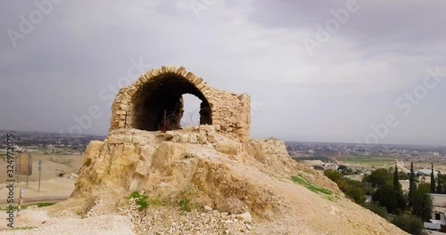 Drone around ancient gate to enter the road between Jericho and Jerusalem.
