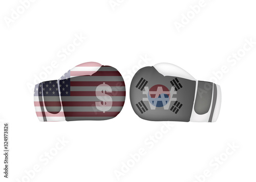 USA VS South korea Trade war, US Dollar and South korean won on Boxing gloves with The United States of America and South korea flag, boxing battle concept, sign symbol background, vector illustration