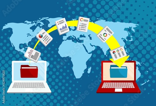 Notebooks file transfer. Data transmission, ftp files receiver and notebook computer backup copy. Document pc migration, network laptop file sharing isometric vector concept
